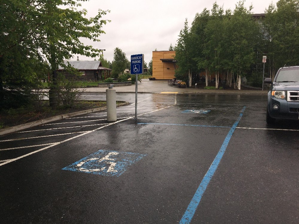 visual of accessible parking with distance to the main entrance entrance